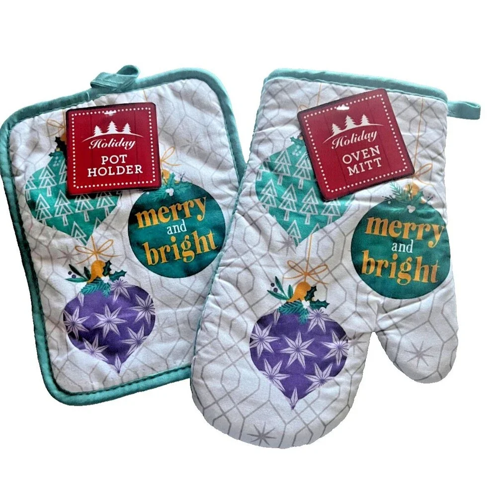 Christmas Oven Mitt Potholder White Teal Merry Bright Ornaments Set of 2
